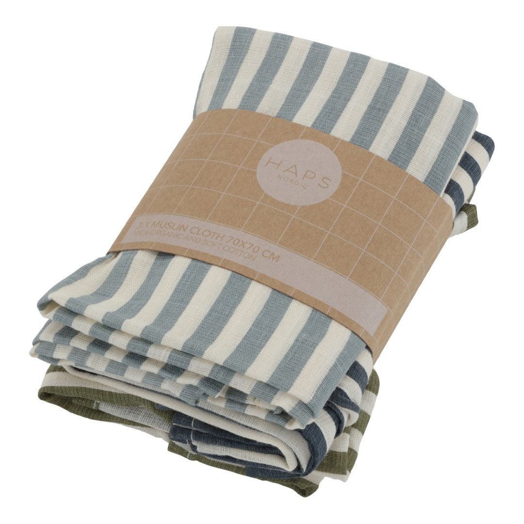 MUSLIN CLOTHS - 3 pack - Marine stripe cold