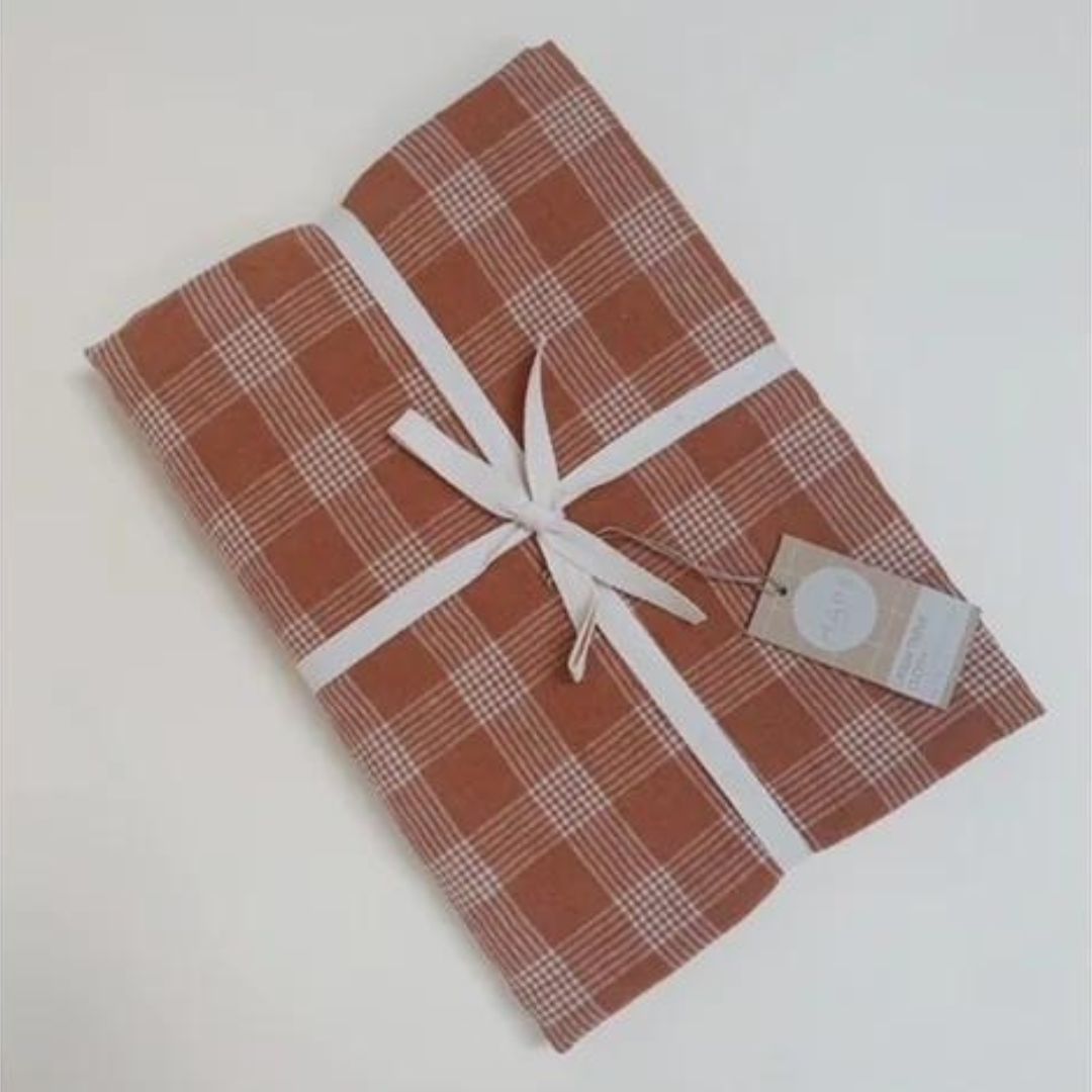 LINEN TABLE CLOTH - French grid Terracotta/Nature